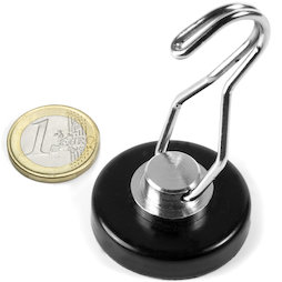 FTNT-40-B, Pot magnet with rotating hook, Ø 40.2 mm, black, with rubberised surface